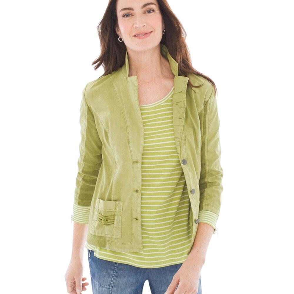 Chicos Zenergy Chartreuse Ribbed 3/4-Sleeve Jacket Size L‎ Travel Boho Girl Boss